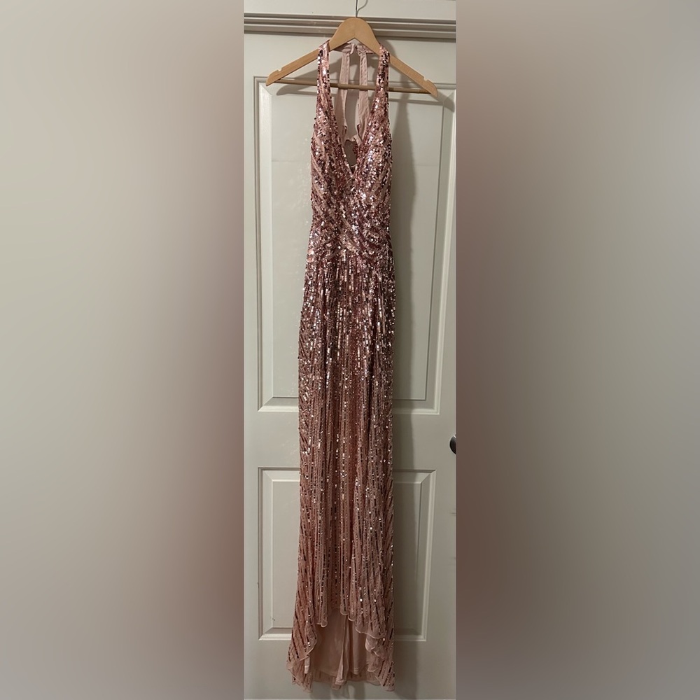 MAC DUGGAL
Pink Sleeveless Faux Wrap Sequin Embellished Cut Out Back Gown - Picture 5 of 9